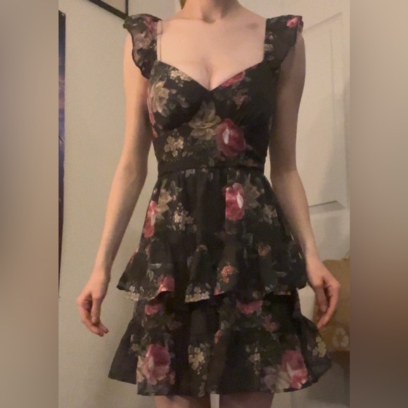 Francesca's Collections Black Floral Ruffled Mini Dress - Picture 2 of 5